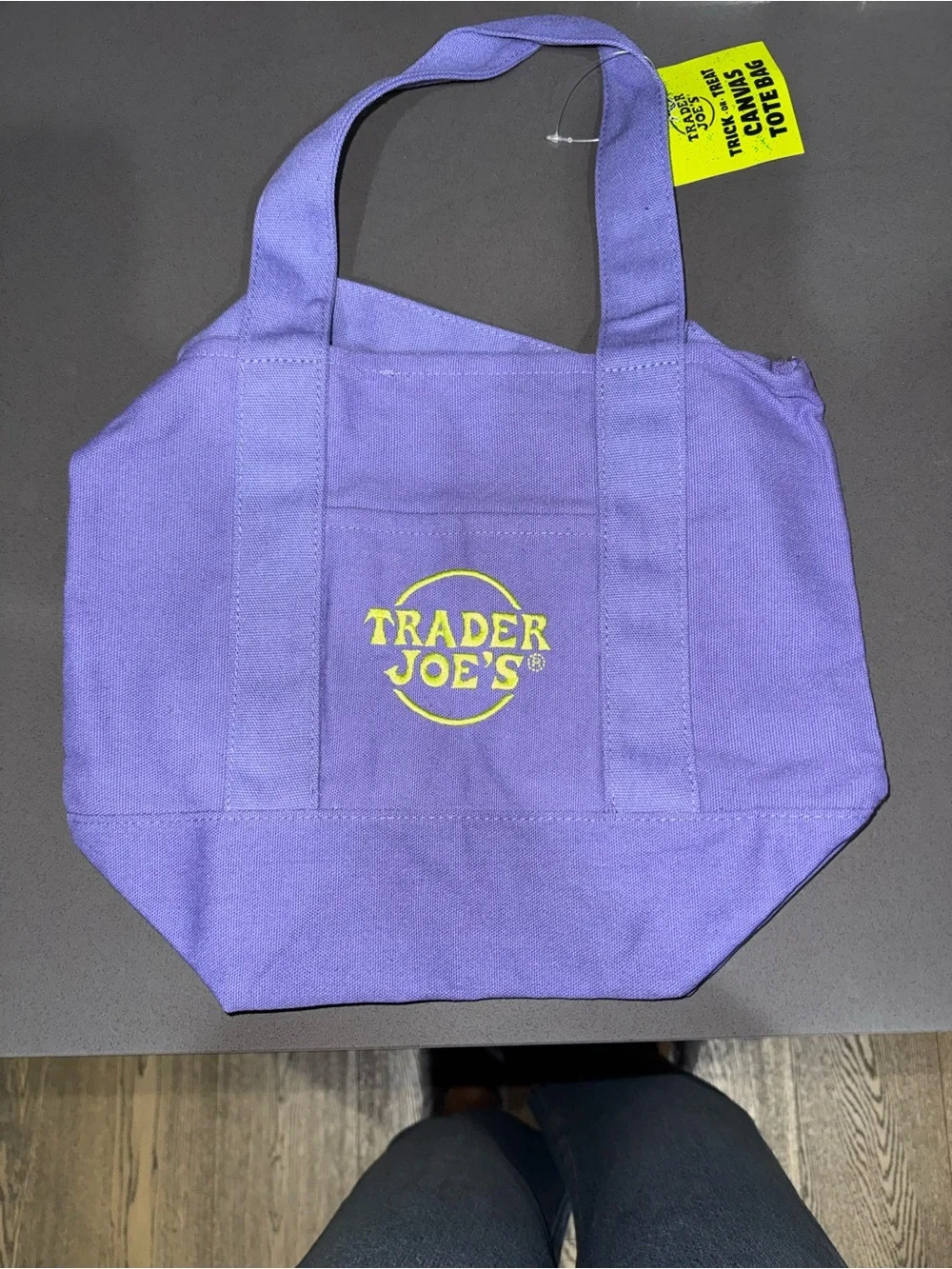 Trader Joe's Fall Halloween Purple Canvas Tote with Yellow Logo